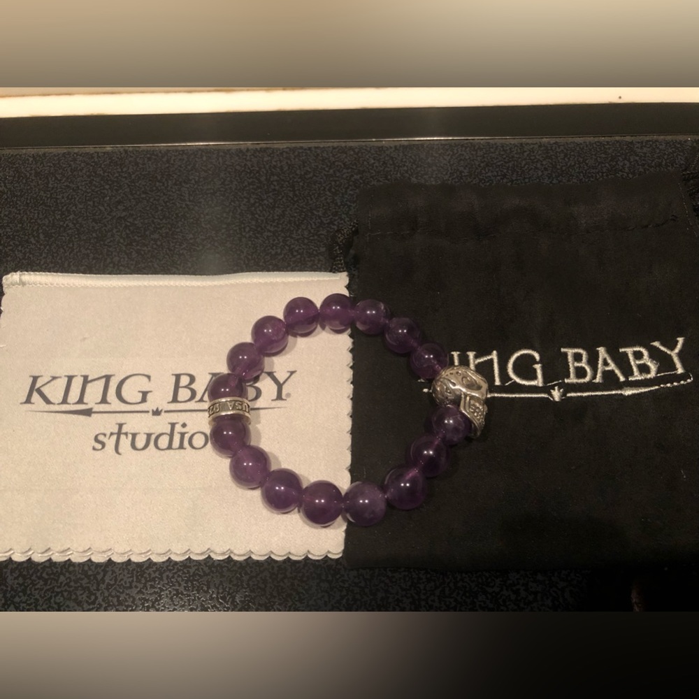 ❌SOLD❌❤️KING BABY STUDIO 10mm Amethyst Bead Silver Skull Bracelet $365 - Picture 4 of 15